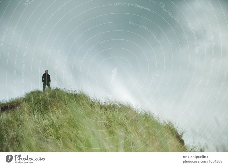 John auf dem Hügel Mann Erwachsene 1 Mensch Natur Landschaft Urelemente Wolken schlechtes Wetter Gras Küste Düne Schottland beobachten stehen Gelassenheit ruhig