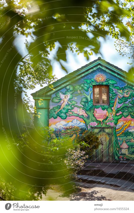 Christiania Umwelt Natur Schönes Wetter Park Haus Mauer Wand Fassade positiv rebellisch grün Graffiti christiania Christianshavn Kopenhagen Farbfoto mehrfarbig