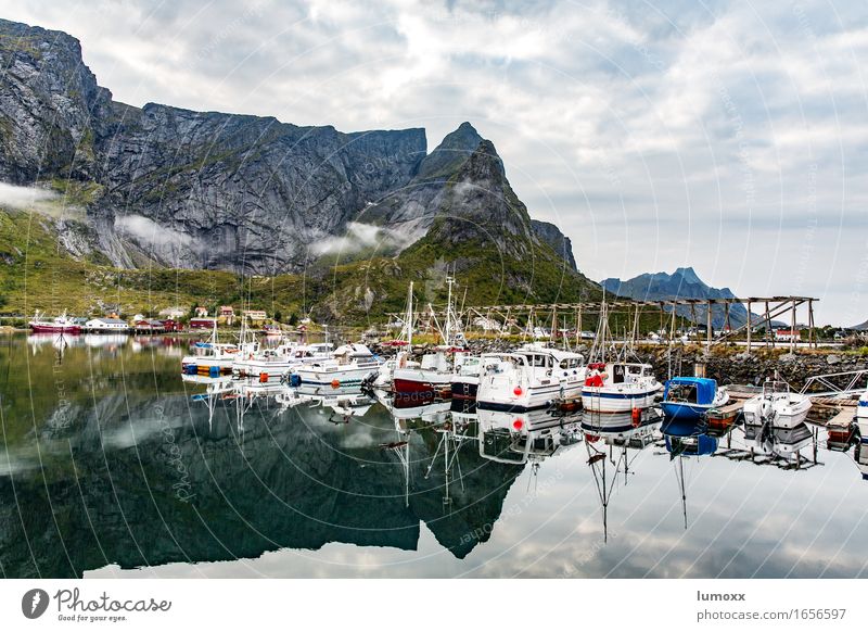 fischerhafen reine Umwelt Natur Wolken Sommer schlechtes Wetter Felsen Küste Meer Fischerboot Hafen grau grün ruhig Lofoten Norwegen Europa nordisch Klippe