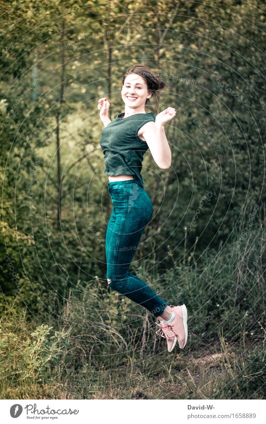 freude elegant Gesundheit Leben Wohlgefühl Zufriedenheit Mensch feminin Frau Erwachsene Jugendliche 1 Natur Sommer Wald springen schön sportlich attraktiv
