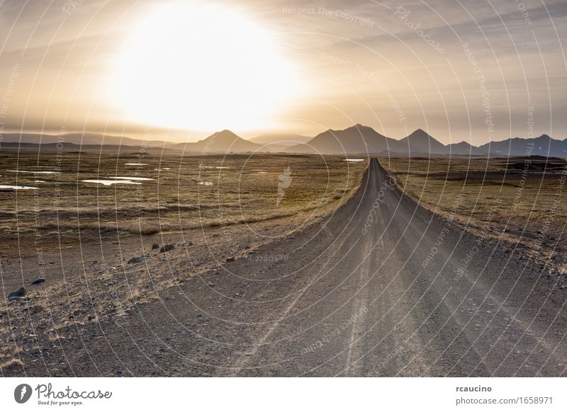Island: leere Straße in der sub-artic isländischen Landschaft. ruhig Europa Erkundung Berge u. Gebirge Natur Menschenleer Außenaufnahme gepflastert