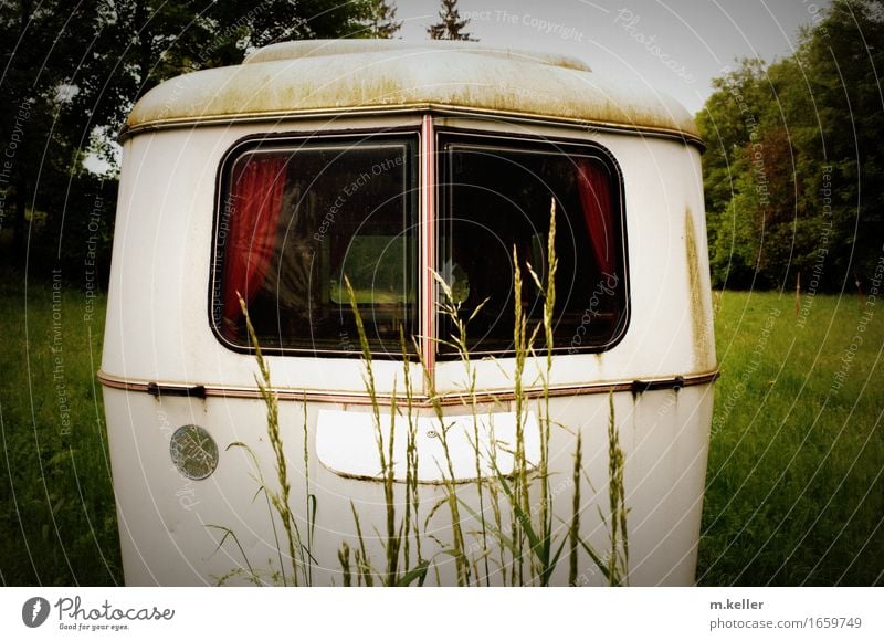 Alter Wohnwagen mit roten Gardinen auf einer Wiese Design Freizeit & Hobby Ferien & Urlaub & Reisen Ausflug Abenteuer Ferne Camping Erholung Zusammensein