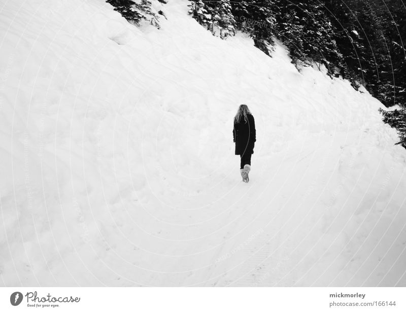 Walking into nothing Schwarzweißfoto Außenaufnahme Textfreiraum links Tag Zentralperspektive Blick nach vorn harmonisch 1 Mensch Natur Landschaft Winter Eis