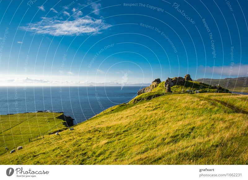 Alte Ruine auf Hügel an der Küste von Schottland Reisefotografie Burg oder Schloss Festung Meer Atlantik Natur Umwelt alt verfallen Vergangenheit clan Horizont