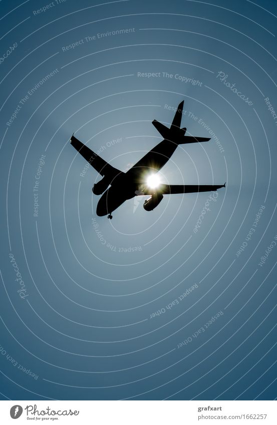 Flugzeug Silhouette mit Sonne Luftverkehr Flugzeuglandung Cockpit Düsenflugzeug Fahrwerk fliegend Flughafen Tragfläche Gegenlicht Geschwindigkeit Himmel Licht