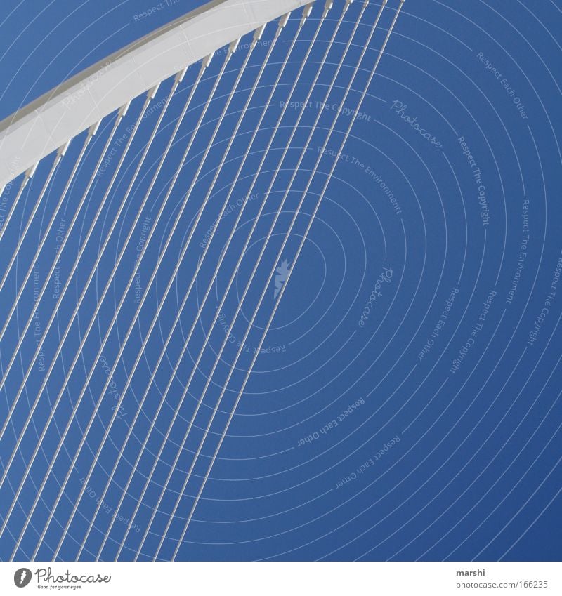 Die Harfe Farbfoto Außenaufnahme Textfreiraum rechts Industrie Kunst Kunstwerk Kultur Brücke Bauwerk Architektur Unendlichkeit hoch modern blau weiß Linie Seil
