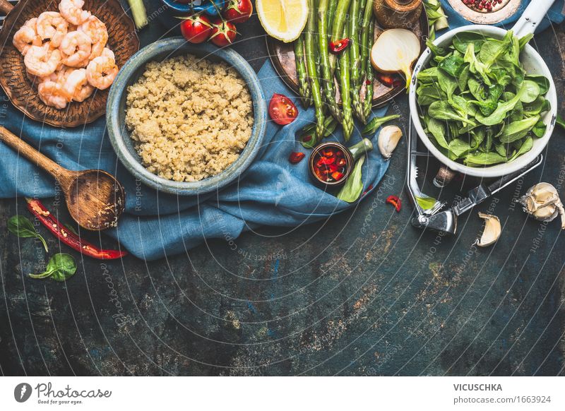 Quinoa mit frischem Gemüse Zutaten Lebensmittel Getreide Kräuter & Gewürze Ernährung Mittagessen Abendessen Bioprodukte Vegetarische Ernährung Diät