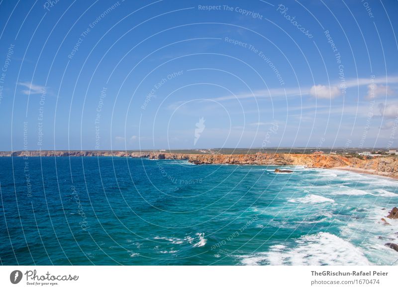 Küste Umwelt Natur Landschaft Sand Wasser blau braun gelb gold schwarz silber weiß Himmel Meer Wellen Wolken Algarve Surfen Portugal Aussicht Erholung Sonne