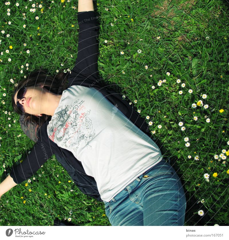 Freude Farbfoto Außenaufnahme Mensch Junge Frau Jugendliche Gesicht Lippen 1 Natur Frühling Schönes Wetter Gras Blüte Park Bekleidung T-Shirt Jeanshose Pullover