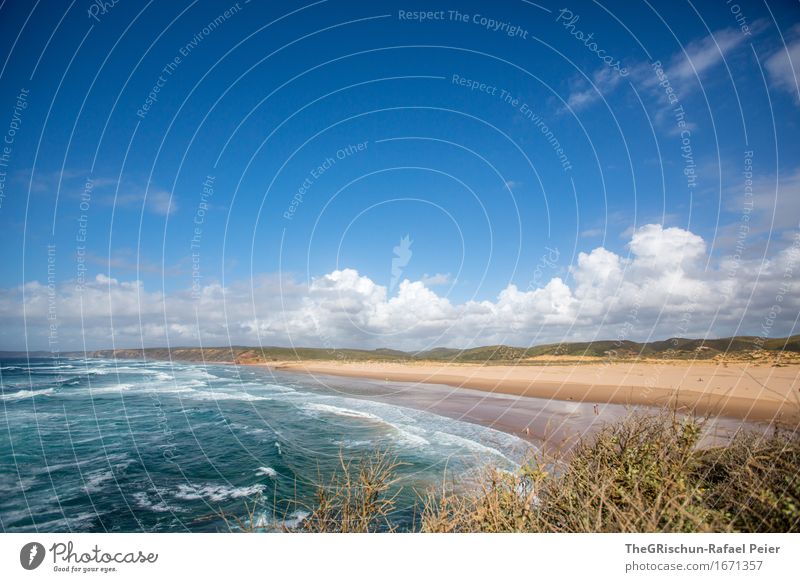 Strand, Sonne, Meer Umwelt Sand blau braun gelb grau grün schwarz türkis weiß Algarve Portugal Wellen Wolken Himmel Ferien & Urlaub & Reisen Aussicht Badestelle