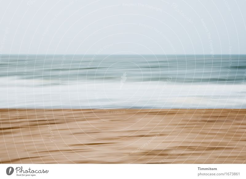 Vier Schichten. Ferien & Urlaub & Reisen Umwelt Natur Urelemente Sand Wasser Himmel Strand Nordsee Dänemark ästhetisch blau braun grau weiß Wellen Gischt