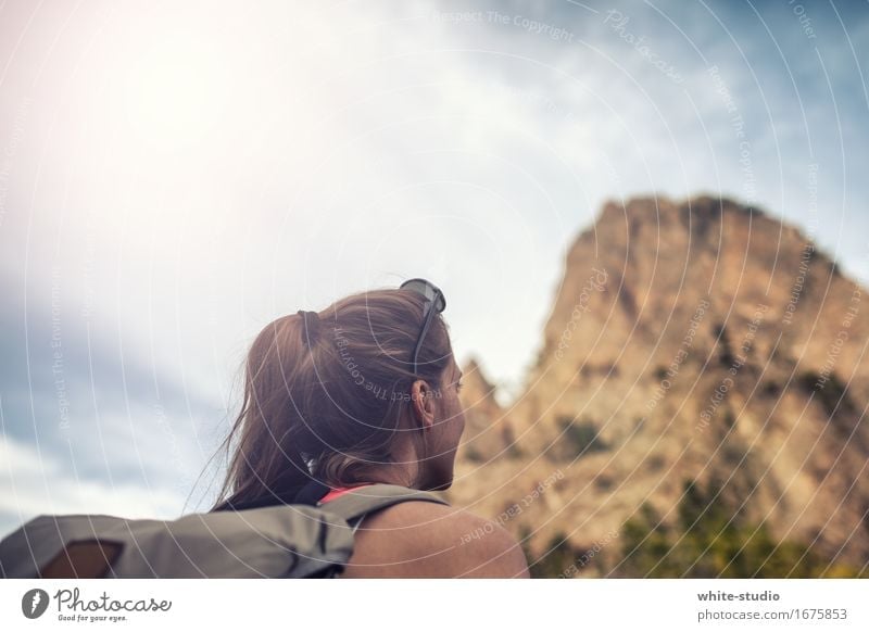 Hoch hinauf feminin Junge Frau Jugendliche Erwachsene wandern Bewegung Sport sportlich Sportler Sport-Training Berge u. Gebirge Gipfel Bergsteigen Rucksack