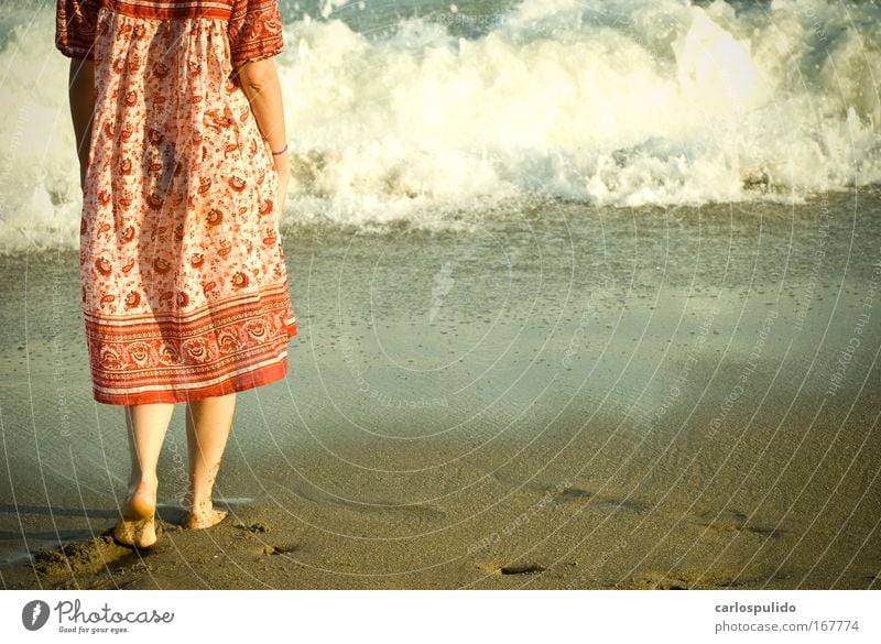 Farbfoto Außenaufnahme Morgendämmerung Blick nach hinten feminin Frau Erwachsene Beine Wellen Küste Strand exotisch Frieden Meer Sand