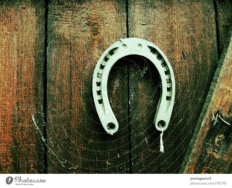 Glück oder Pech? Hufeisen Pferd Eisen Schmied Symbole & Metaphern Handwerk Glücksbringer 1 Holzwand Holzbrett aufhängen Nahaufnahme Menschenleer