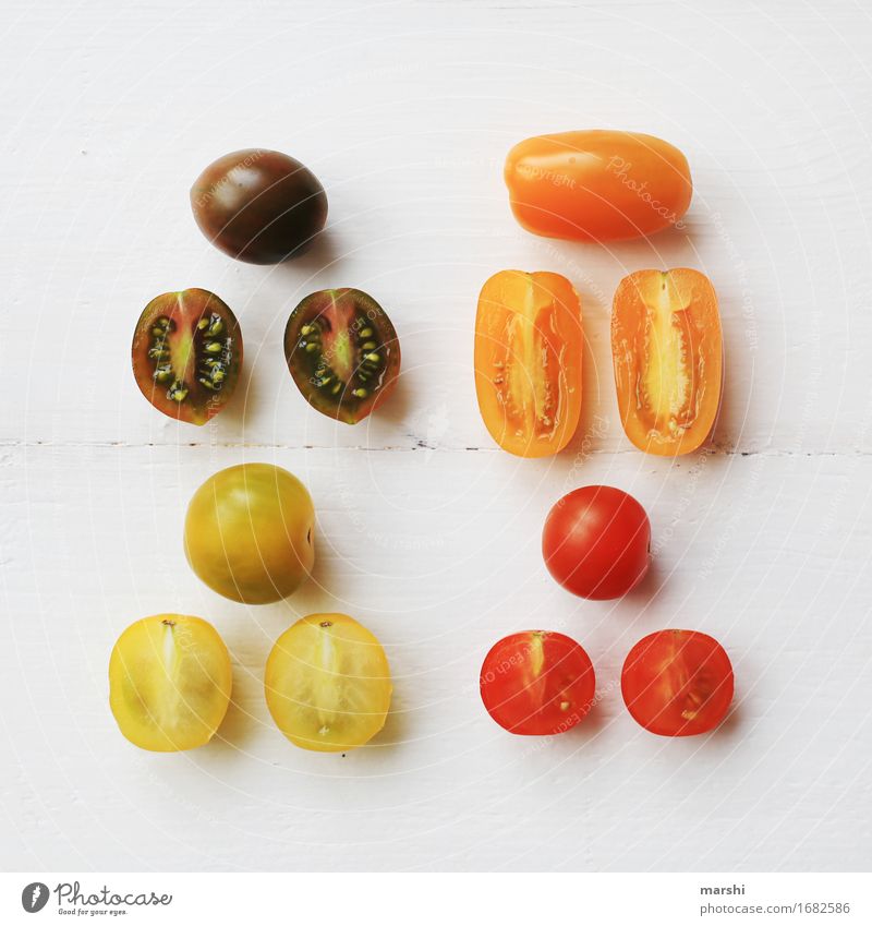 Tomaten Quartett Gemüse Ernährung Essen Bioprodukte Vegetarische Ernährung Diät Stimmung 4 mehrfarbig Foodfotografie Gesunde Ernährung klein Rispentomate gelb