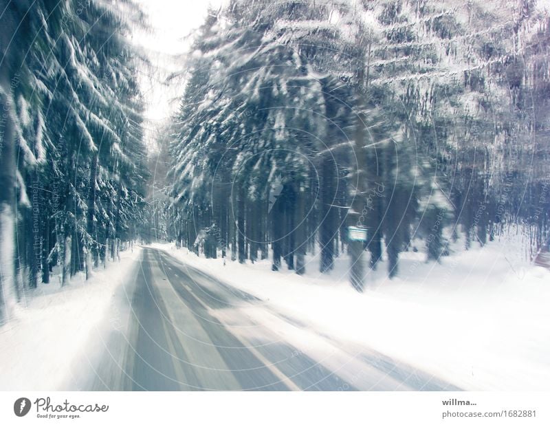 Leere Straße mit Glatteis-Gefahr, durch den verschneiten Wald Winter Eis Frost Schnee Nadelbaum Nadelwald Verkehrswege Autofahren Landstraße kalt winterlich