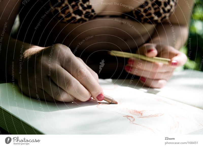 strich für strich Farbfoto Außenaufnahme Oberkörper Mensch feminin Frau Erwachsene Hand Finger 18-30 Jahre Jugendliche Kunst Künstler Maler Natur Sträucher