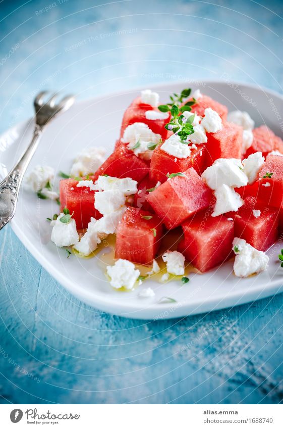 Wassermelonen-Feta Salat Lebensmittel Milcherzeugnisse Salatbeilage Frucht "Wassermelone feta schafskäse kräuter," Ernährung Vegetarische Ernährung Griechenland