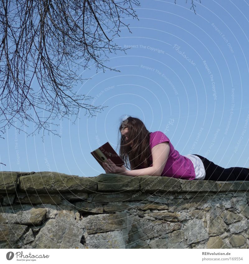 frau liest auf einer Mauer Farbfoto Textfreiraum oben Tag Zufriedenheit Erholung ruhig Freizeit & Hobby lesen feminin Junge Frau Jugendliche 1 Mensch