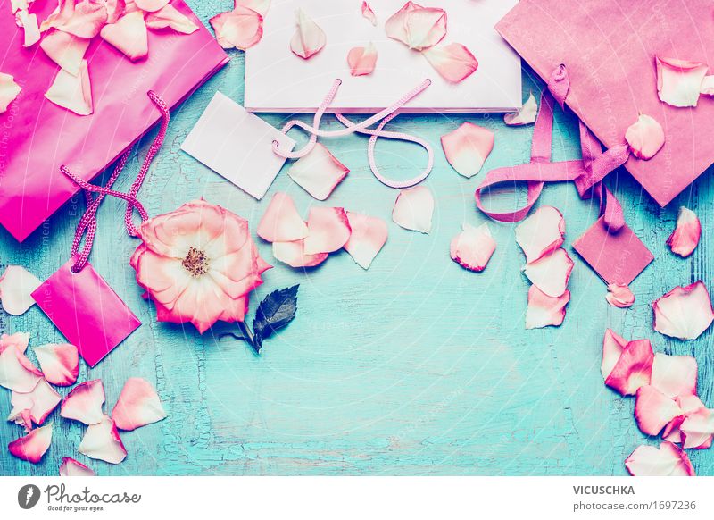 Rosa Papier Einkaufstaschen und Blumen Lifestyle kaufen Stil Design Freude Party Valentinstag Muttertag Geburtstag Verpackung Dekoration & Verzierung Schleife