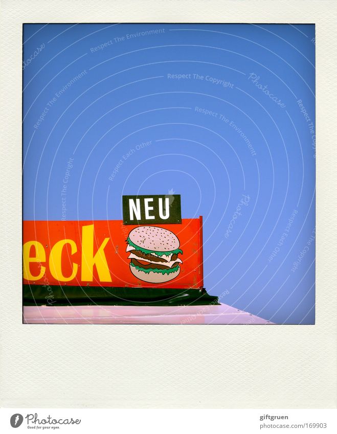 drei sterne Farbfoto mehrfarbig Polaroid Menschenleer Textfreiraum oben Ernährung Fastfood Hamburger Ketchup neu Erfrischungsgetränk Limonade Restaurant Imbiss