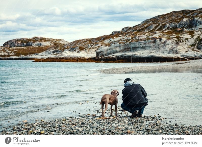 Auszeit Lifestyle harmonisch Freizeit & Hobby Abenteuer Ferne Freiheit Meer Mensch Mann Erwachsene Urelemente Wasser Felsen Küste Tier Haustier Hund wandern