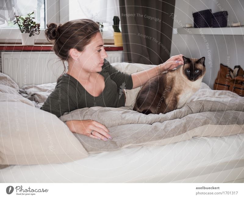 junge Frau liegt mit Siamkatze auf ihrem Bett Lifestyle Freizeit & Hobby Wohnung Schlafzimmer Mensch feminin Junge Frau Jugendliche Erwachsene 1 18-30 Jahre