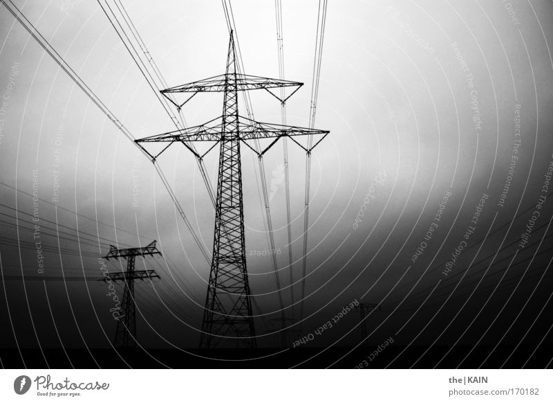 High Voltage Schwarzweißfoto Außenaufnahme Menschenleer Textfreiraum rechts Abend Technik & Technologie High-Tech Energiewirtschaft Industrie Strommast