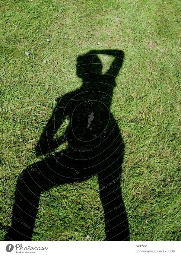 ... feminine position ... Frau Erwachsene 1 Mensch Erde Gras stehen grün schwarz Freude Schatten Farbfoto Außenaufnahme Textfreiraum oben Tag Silhouette Totale
