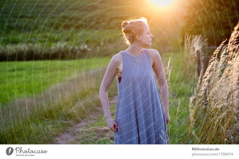 Alexa | im Abendlicht Mensch feminin Junge Frau Jugendliche 1 18-30 Jahre Erwachsene Umwelt Natur Landschaft Sonne Sommer Schönes Wetter Gras Wiese Feld Kleid