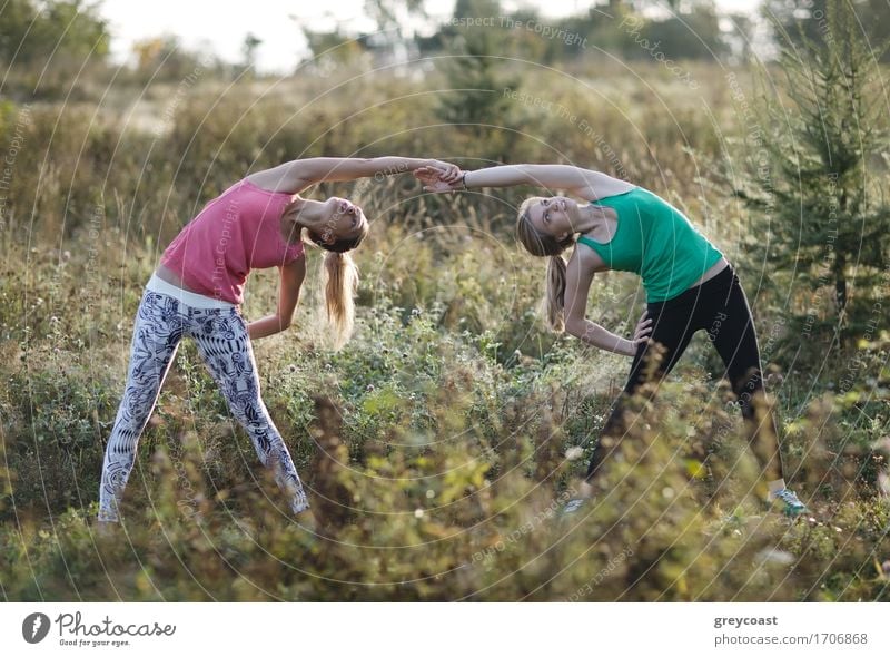 Zwei geschmeidige, athletische junge Frauen beim gemeinsamen Training in der Natur mit Beuge- und Dehnungsübungen schön Erholung Sport Joggen Yoga Mädchen