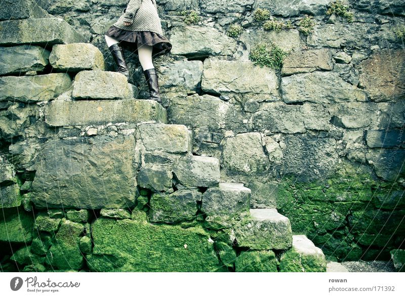 hoch hinaus Farbfoto Gedeckte Farben Außenaufnahme Tag Mauer Wand Treppe dunkel eckig Ausdauer aufsteigen Stein Steinmauer Rock oben Moos bewachsen