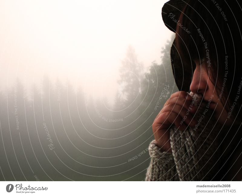 I miss U. Farbfoto Außenaufnahme Experiment Textfreiraum links Tag Sonnenlicht Profil Wegsehen Ferne Frau Erwachsene Gesicht 1 Mensch Nebel Wald Stimmung
