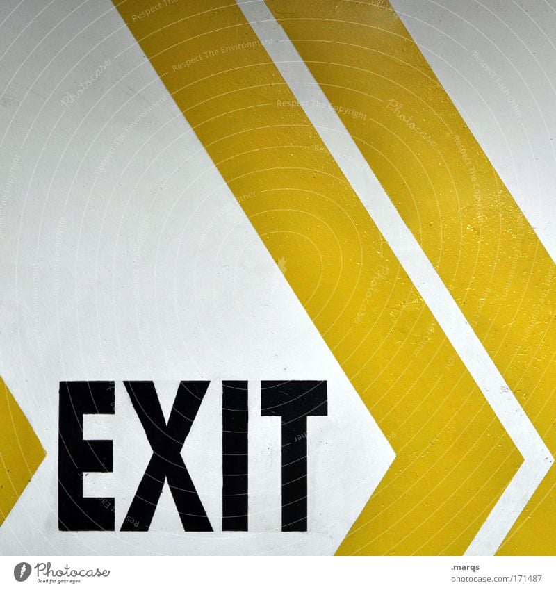 Exit Farbfoto Innenaufnahme Textfreiraum oben Design Schriftzeichen Schilder & Markierungen Hinweisschild Warnschild Linie Pfeil Streifen einzigartig gelb weiß
