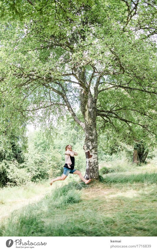 Frau auf Schaukel an einem Baum Lifestyle elegant Stil Freizeit & Hobby Spielen Ausflug Freiheit Sommer Sommerurlaub Mensch feminin Erwachsene Leben 1 Umwelt