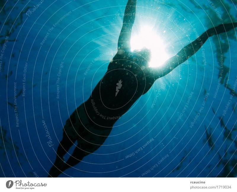 Mannschwimmen im Meer mit den Sonnenstrahlen, die durch scheinen Schwimmen & Baden Wasser Unterwasseraufnahme blau Farbfoto