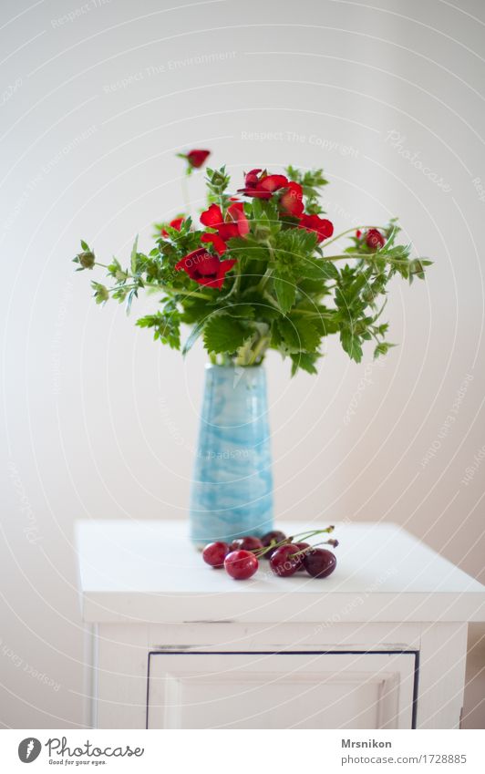 Erdbeerblüten Sommer ästhetisch Design Vase Kirsche Blüte grün rot Dekoration & Verzierung weiß sommerlich pflücken Blumenstrauß Keramik hell-blau frisch
