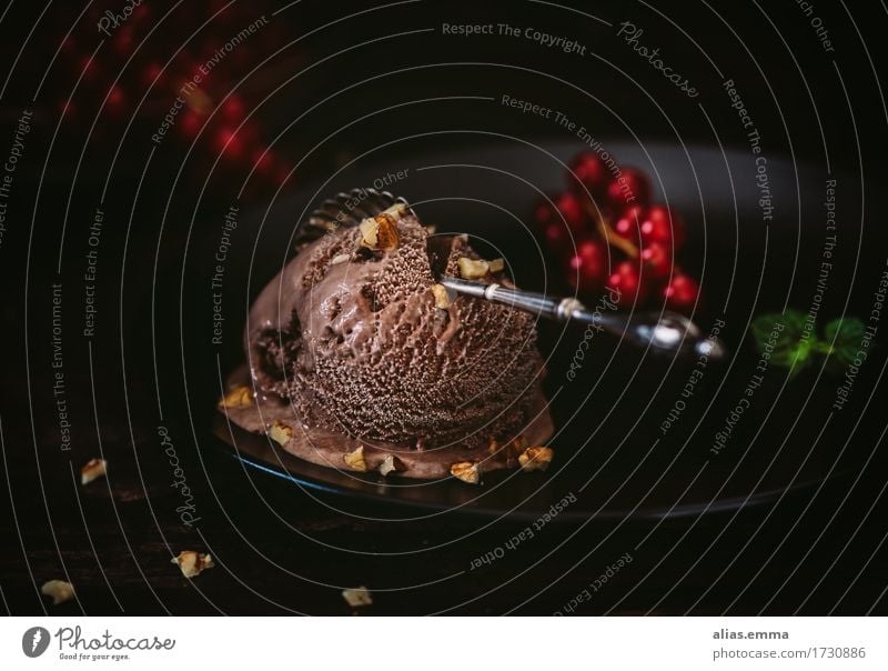 Schoko-Schock Speiseeis Schokolade Schokoladeneis kalt Sommer Johannisbeeren dunkel Lebensmittel Gesunde Ernährung Foodfotografie lecker genießen Eis Querformat