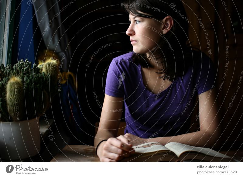 look. Farbfoto Innenaufnahme Schatten Wegsehen lernen Schüler feminin Junge Frau Jugendliche 1 Mensch Buch lesen beobachten Bildung Gefühle geheimnisvoll