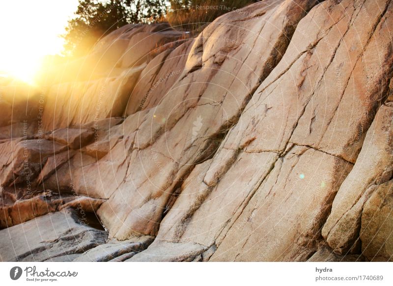 rote rosa Granit Felsen im Gegenlicht auf Schäre in Schweden Sommerurlaub Sonne Insel wandern Klettern Bergsteigen Landschaft Erde Sonnenaufgang Sonnenuntergang