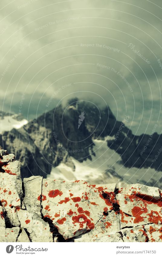 Zugspitze im Nebel Farbfoto Außenaufnahme Textfreiraum oben Tag Kontrast Silhouette Zentralperspektive Weitwinkel Klettern Bergsteigen Umwelt Natur Landschaft