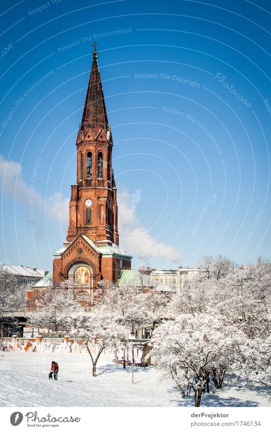 Winterstimmung im Görlitzer Park mit Blick auf Kirche Muster abstrakt Urbanisierung Hauptstadt Textfreiraum rechts Textfreiraum links Coolness