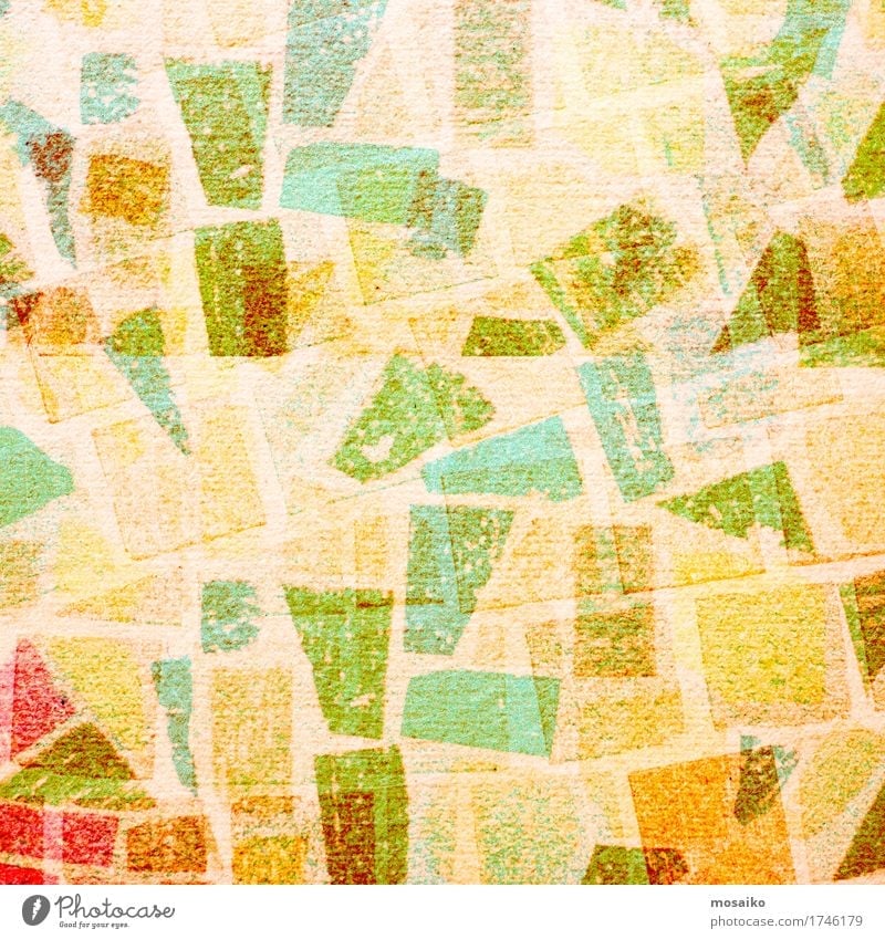 Graphische Formen Stil Design Mauer Wand Fassade Terrasse retro mehrfarbig gelb grün orange türkis Grunge Patchwork Fliesen u. Kacheln Papier Stein Batik malen
