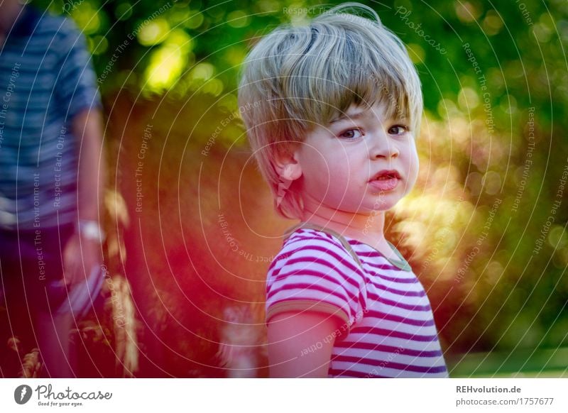 Sommerportrait Mensch maskulin Kind Kleinkind Junge Gesicht 1 1-3 Jahre Umwelt Natur Pflanze Sträucher Garten T-Shirt Haare & Frisuren authentisch klein