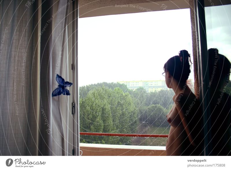 }{ [ ] ? Farbfoto Innenaufnahme Morgen Licht schön harmonisch Sinnesorgane Mensch feminin Junge Frau Jugendliche Leben 1 Wasser Wetter Regen Balkon Fenster