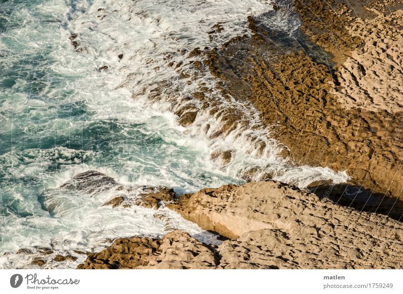 Begegnung Natur Wasser Sommer Schönes Wetter Felsen Wellen Küste Riff Meer Zusammensein blau braun weiß Farbfoto Außenaufnahme abstrakt Muster