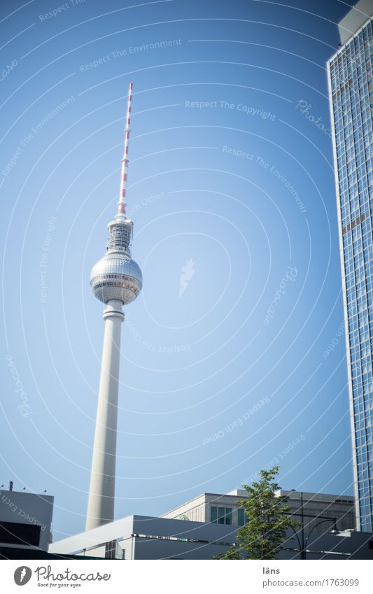 Photocase Tag l Stadtpflanze Himmel Sehenswürdigkeit blau Berlin Berliner Fernsehturm aufwärts Außenaufnahme Textfreiraum links Licht Blick nach oben