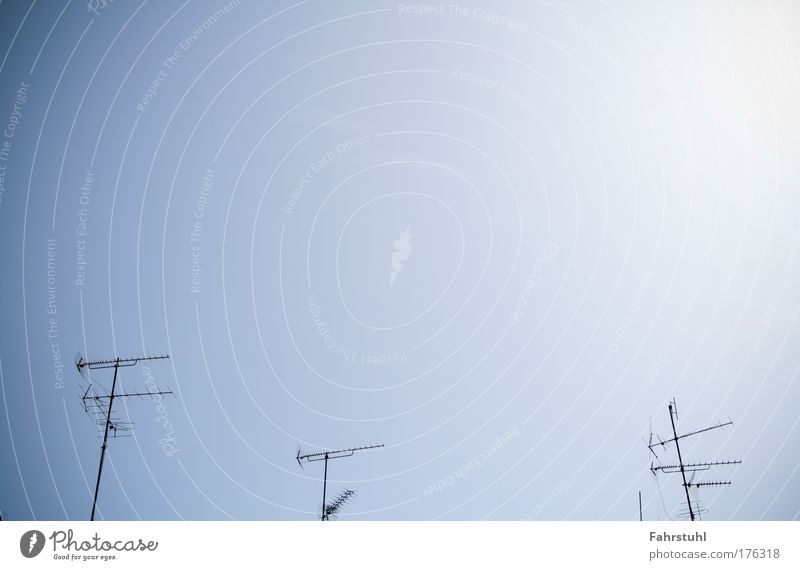 Terrestrisch Farbfoto Außenaufnahme Textfreiraum oben Hintergrund neutral Tag Sonnenlicht Froschperspektive Telekommunikation Antenne Fernsehen Himmel blau
