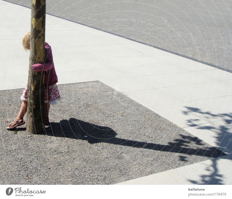 ... alles muß versteckt sein!!! Mensch Mädchen Kindheit 1 genießen laufen Baum verstecken Versteck Farbfoto Außenaufnahme Tag Schatten Sonnenlicht Asphalt