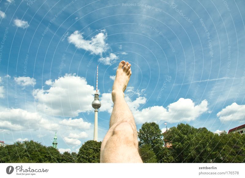 Ein Turm, ein Bein Berlin Hauptstadt Himmel Sommer Ferien & Urlaub & Reisen Berliner Fernsehturm Alexanderplatz alex Beine Fuß Zehen strecken Körperteile